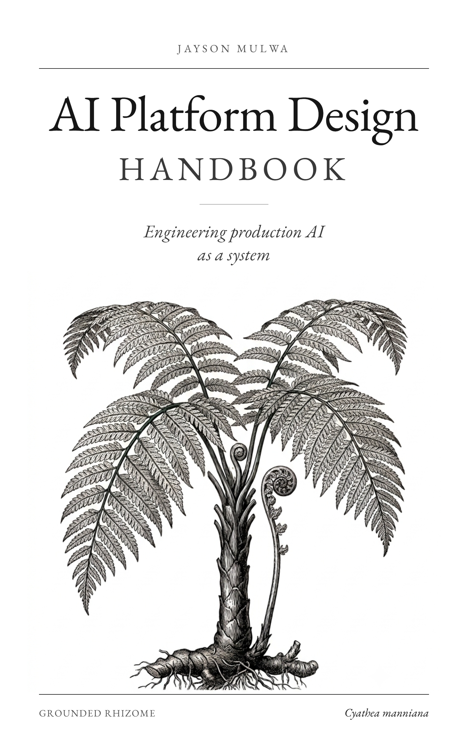 Cover of the AI Platform Design Handbook by Jayson Mulwa, featuring an engraved African tree fern.